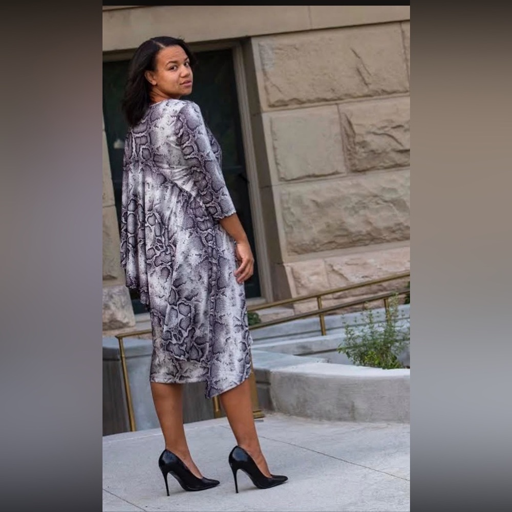 Hope Morgan Apparel Snake Print Midi Dress with Draped Sleeve - Gray - Picture 3 of 6
